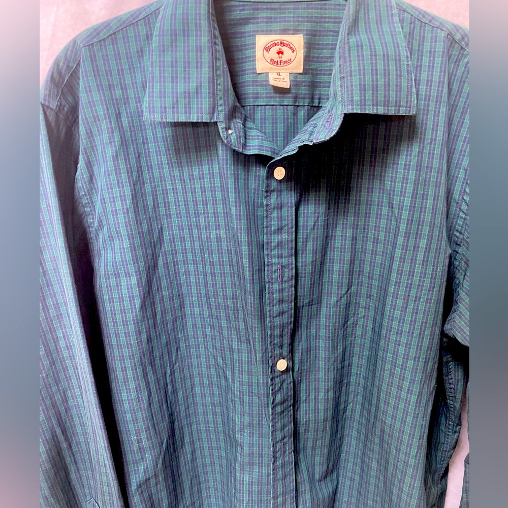 Brooks Brothers Red Fleece Button-Down Shirt. XL. Blue-Green Plaid